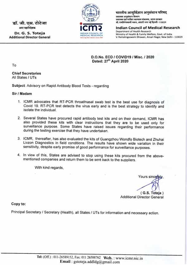 no further order has been placed to two chines companies: says icmr 