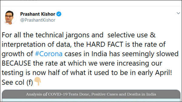 prashant kishor listed the details of of covid 19 test in india 