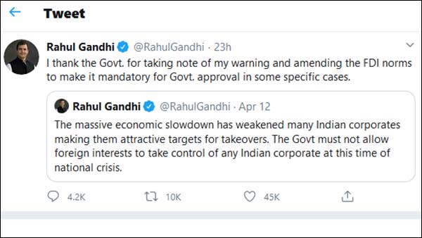 Rahul Gandhi thanked Centre for revising FDI 