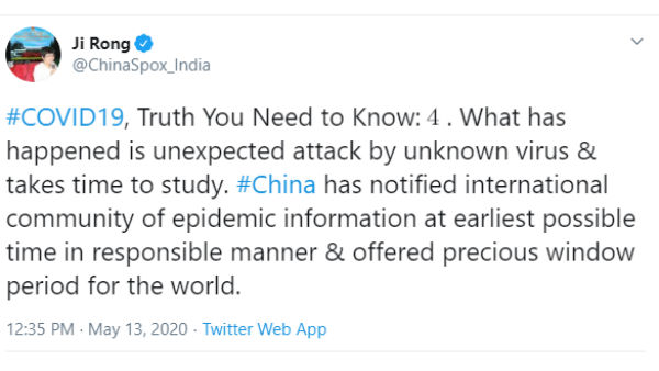 China embassy in India defends its stand on corona 