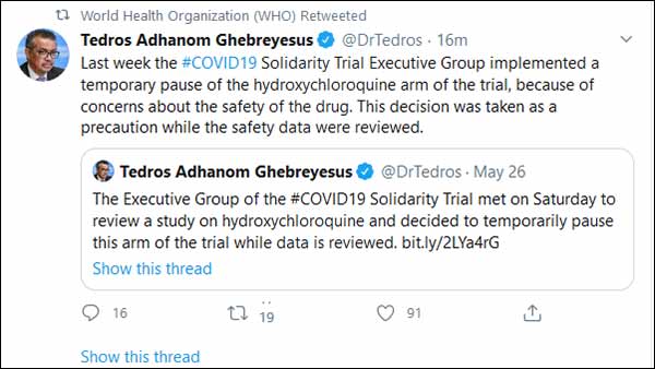 Hydroxychloroquine coronavirus trials to resume, says WHO 