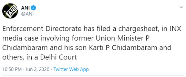 Charge sheet Against P Chidambaram, Son In INX Media Money Laundering Case by ED Charge sheet Against P Chidambaram, Son In INX Media Money Laundering Case by ED