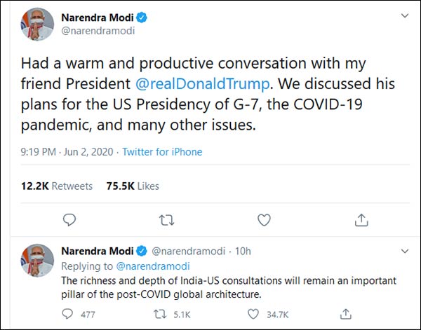 Modi said had a productive conversation with Trump 
