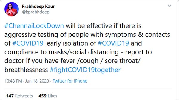 Prabhdeep Kaur says Chennai Lockdown will be effective 