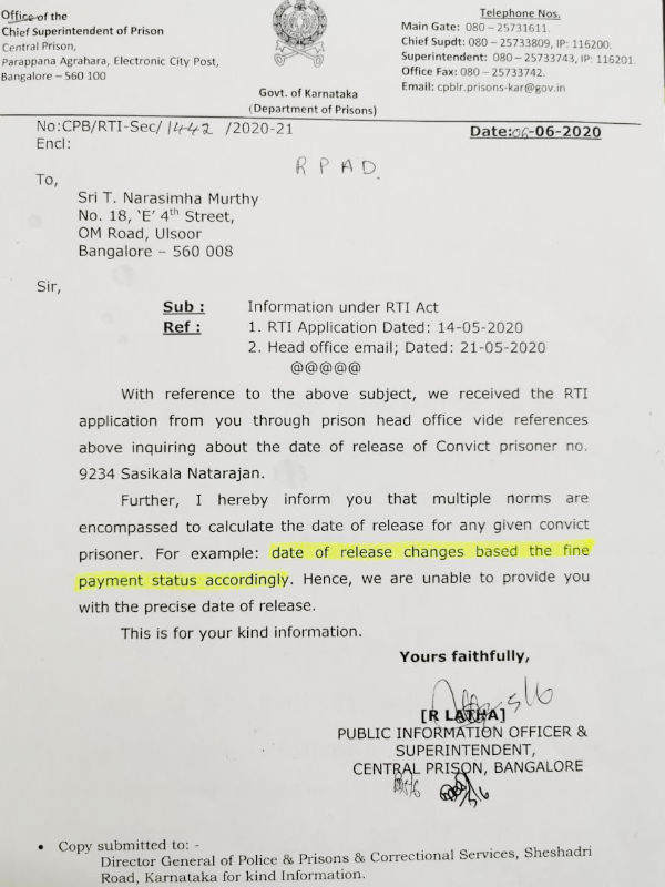 When Sasikala will get released? Bangalore central prison answers for RTI 