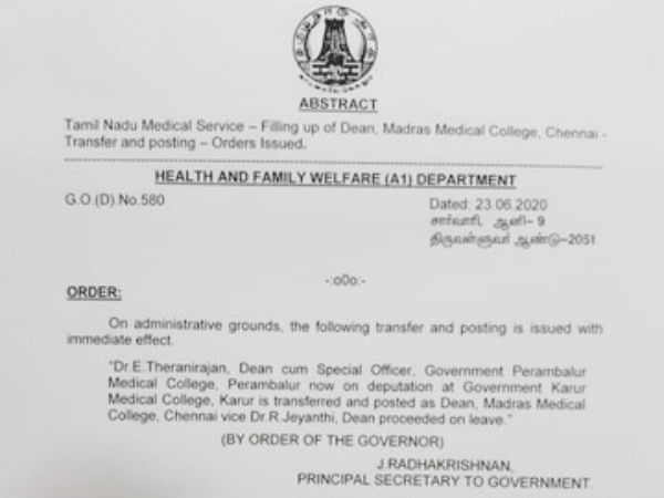 E Theranirajan is appointed as dean of Chennai Medical College 