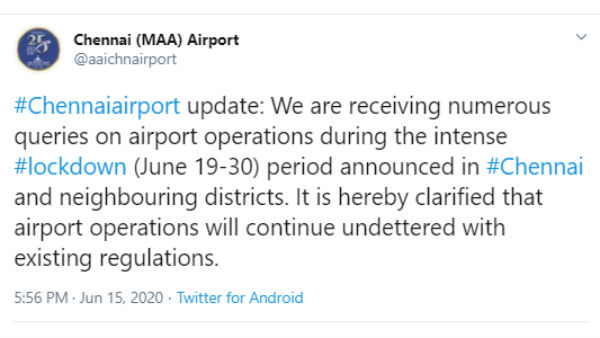Chennai airport operations will continue during Jun 19-30 
