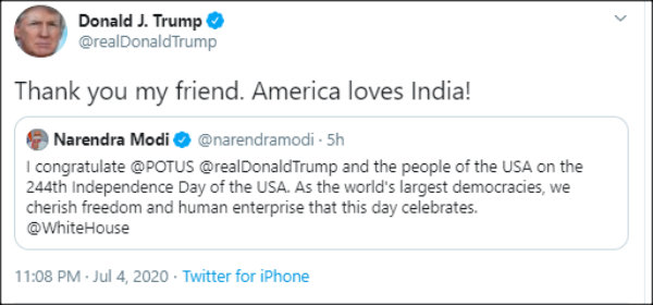 President Trump thanks PM Modi for wishing on US independence day 