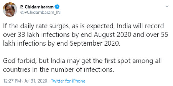 P. Chidambaram warns India may see 30 lakh corona infections by end August 2020 