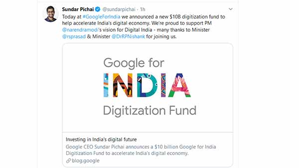 Google CEO Sundar Pichai announced a 75,000 crores dollar Digitization Fund to help accelerate India’s digital economy 