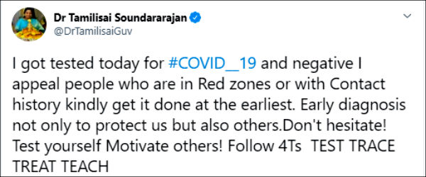  I got tested today for COVID 19 and negative: tamilisai Soundararajan