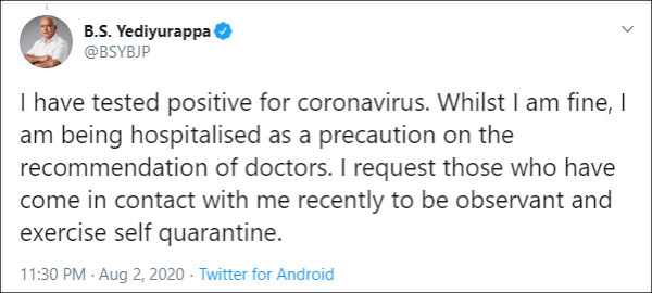 Karnataka Chief Minister BS Yediyurappa tested positive for for the novel coronavirus 