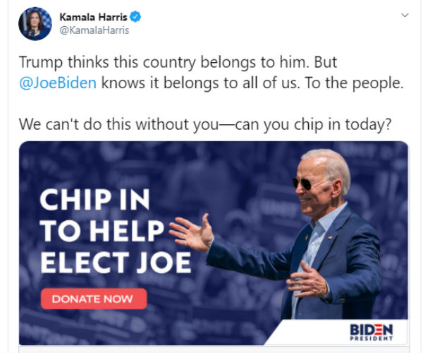 Kamala Harris says that Trump thinks this country belongs to him 