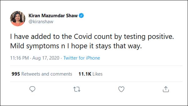 Biocon chairperson Kiran Mazumdar Shaw tests positive for coronavirus Biocon chairperson Kiran Mazumdar Shaw tests positive for coronavirus