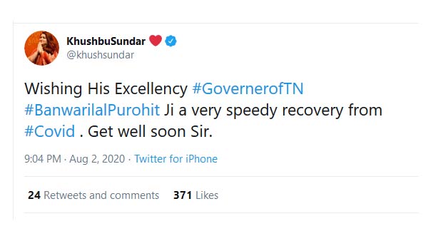 khushbu tweets BanwarilalPurohit very speedy recovery from Covid 