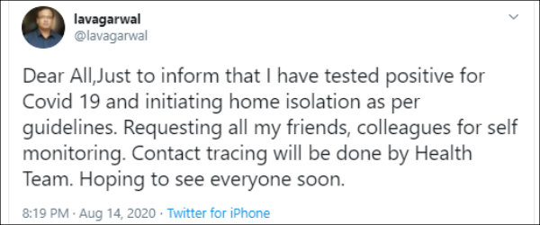 Union Health Ministry Joint Secretary Lav Agarwal Tests Coronavirus Positive Union Health Ministry Joint Secretary Lav Agarwal Tests Coronavirus Positive