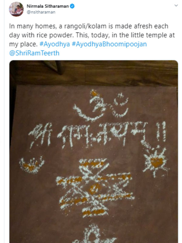 Nirmala Sitharaman tweets about Rangoli at her home 
