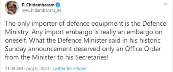 P Chidambaram takes a jibe on Rajnath Singh’s import embargo 