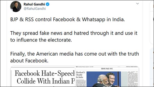 BJP and RSS control Facebook and Whatsapp in India says Rahul Gandhi 