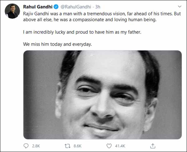 Rahul Gandhi tweet says Rajiv Gandhi was a man with a tremendous vision on his birthday Rahul Gandhi tweet says Rajiv Gandhi was a man with a tremendous vision on his birthday