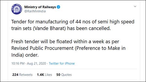 Tender for manufacturing of 44 semi high speed Vande Bharat train sets has been cancelled. 