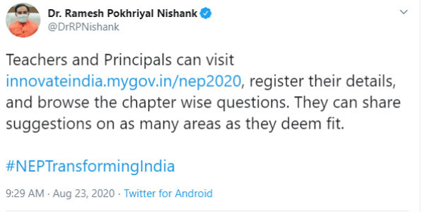 #NEPTransformingIndia Teachers can share suggestions says Education Minister 