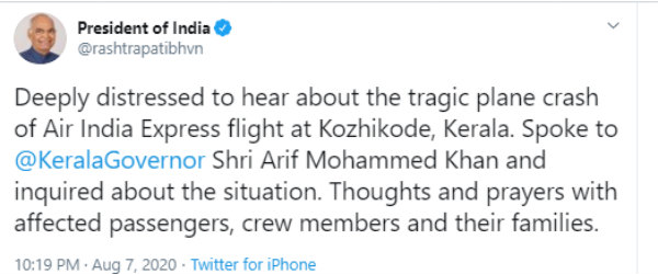 Kozhikode plane crash: President Ramnath Govind expressed condolence Kozhikode plane crash: President Ramnath Govind expressed condolence