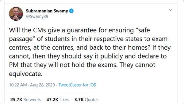 All the State CM should declare to PM that they will not hold NEET and JEE exam Subramanian Swamy 