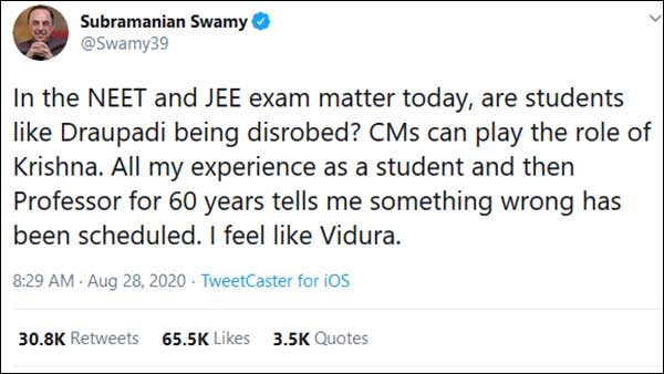 All the State CM should declare to PM that they will not hold NEET and JEE exam Subramanian Swamy 
