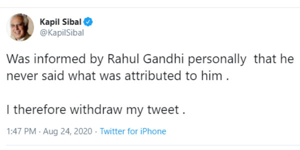 Kapil Sibal withdraw tweet on Rahuls Colluding with BJP comment 