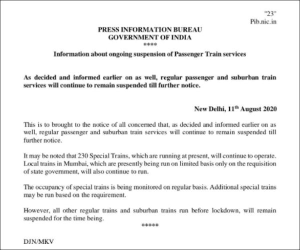 Train services will continue to remain suspended till further notice: Ministry of Railways 