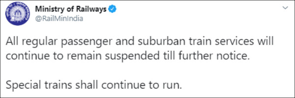 Train services will continue to remain suspended till further notice: Ministry of Railways 