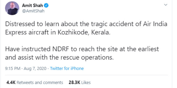 Political leaders conveys their prayers and condolences for kozhikode flight accident 