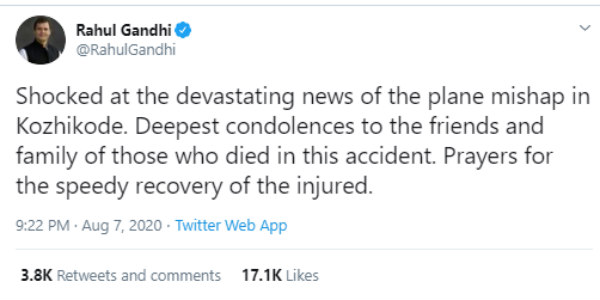 Political leaders conveys their prayers and condolences for kozhikode flight accident 