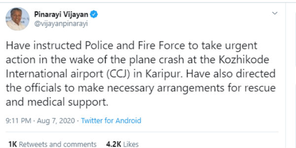 Political leaders conveys their prayers and condolences for kozhikode flight accident 