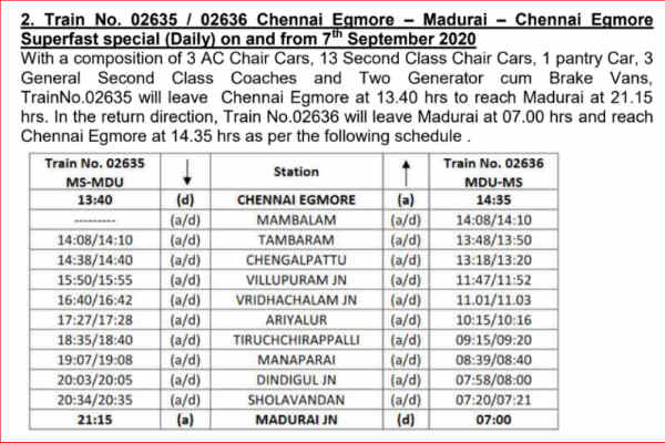 Special trains in TN from Sep 7th to Madurai, Coimbatore, Trichy 