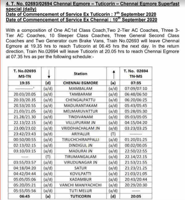 Special trains in TN from Sep 7th to Madurai, Coimbatore, Trichy 