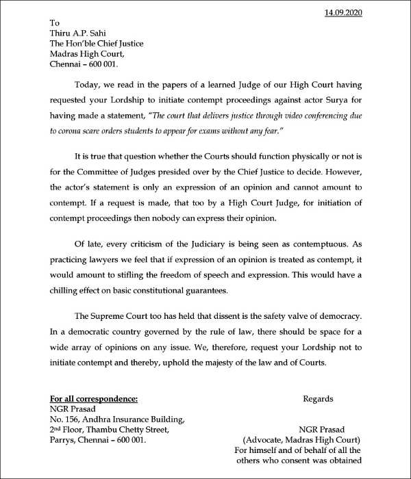 25 Senior advocate gives letter supporting Actor Surya 