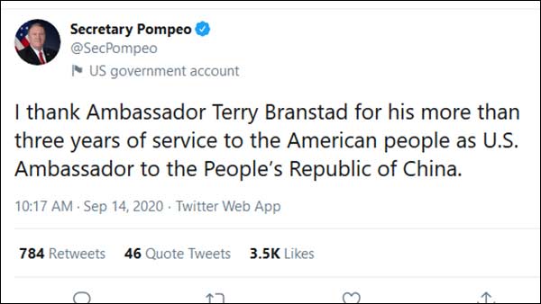 Mike Pompeo tweets on US Ambassador to China Stepping Down 