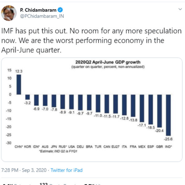 No speculation; We are the worst performing economy in the April-June quarter says P. Chidambaram 
