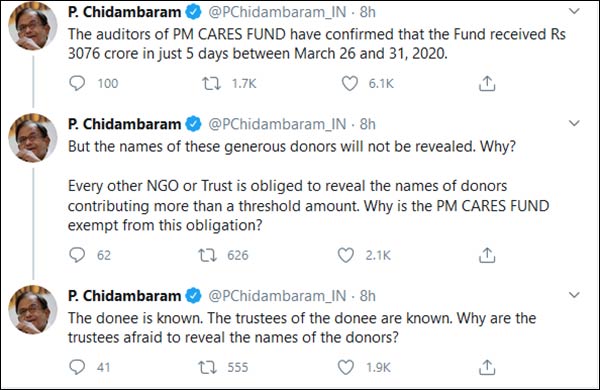 PM Cares fund: Why names have not disclosed asks former finance minister P. Chidambaram 