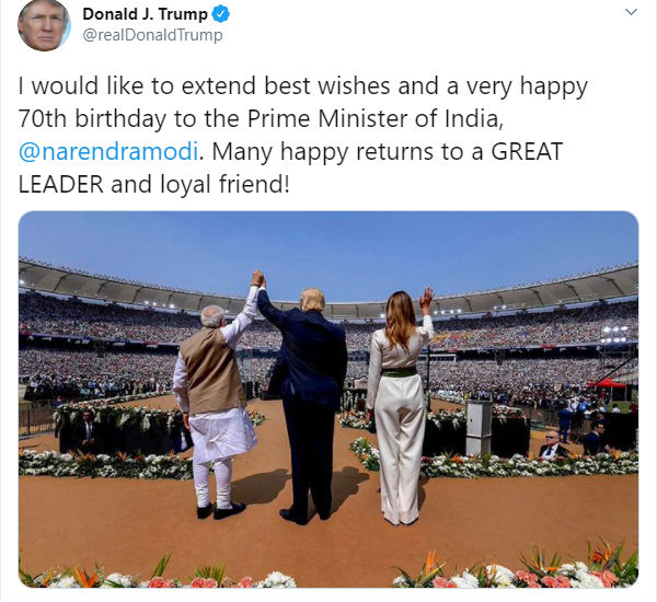 Donald Trump wishes Narendra Modi on 70th birthday 