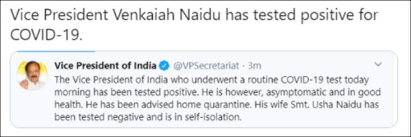 Vice President Venkaiah Naidu tests positive for Coronavirus 