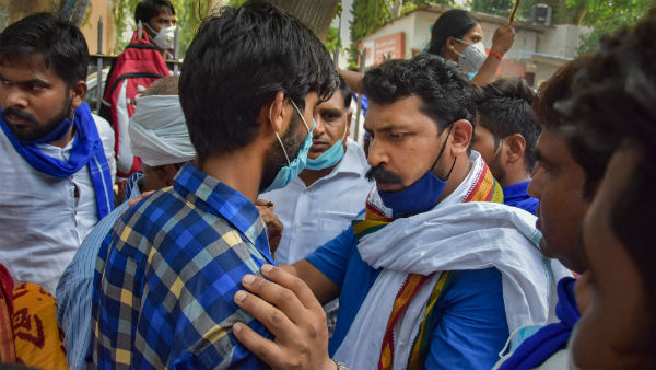 Bhim Army Chief Chandrashekhar Azad meets Hathras Dalit family 