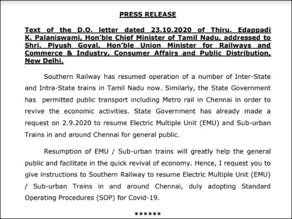 CM Edappadi Palaniswami writes to Centre to resume Suburban trains 