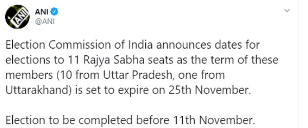 Election Commission of India announces dates for elections to 11 Rajya Sabha seats Election Commission of India announces dates for elections to 11 Rajya Sabha seats