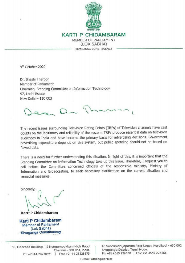 Fake TRP Scam: Karti Chidambaram writes to Parliamentary Standing Committee on IT Fake TRP Scam: Karti Chidambaram writes to Parliamentary Standing Committee on IT