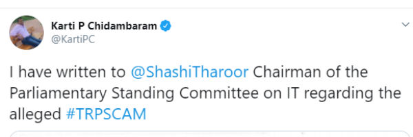 Fake TRP Scam: Karti Chidambaram writes to Parliamentary Standing Committee on IT Fake TRP Scam: Karti Chidambaram writes to Parliamentary Standing Committee on IT