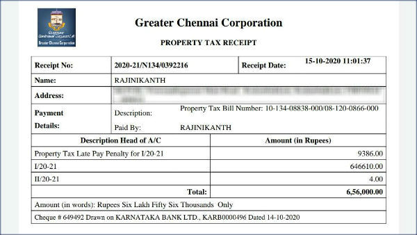 Rajinikanth paid property tax of Rs 6.5 lakh to the Chennai corporation Rajinikanth paid property tax of Rs 6.5 lakh to the Chennai corporation