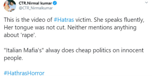 TN BJP IT convenor shares video of Hathras victim without blurring her face 